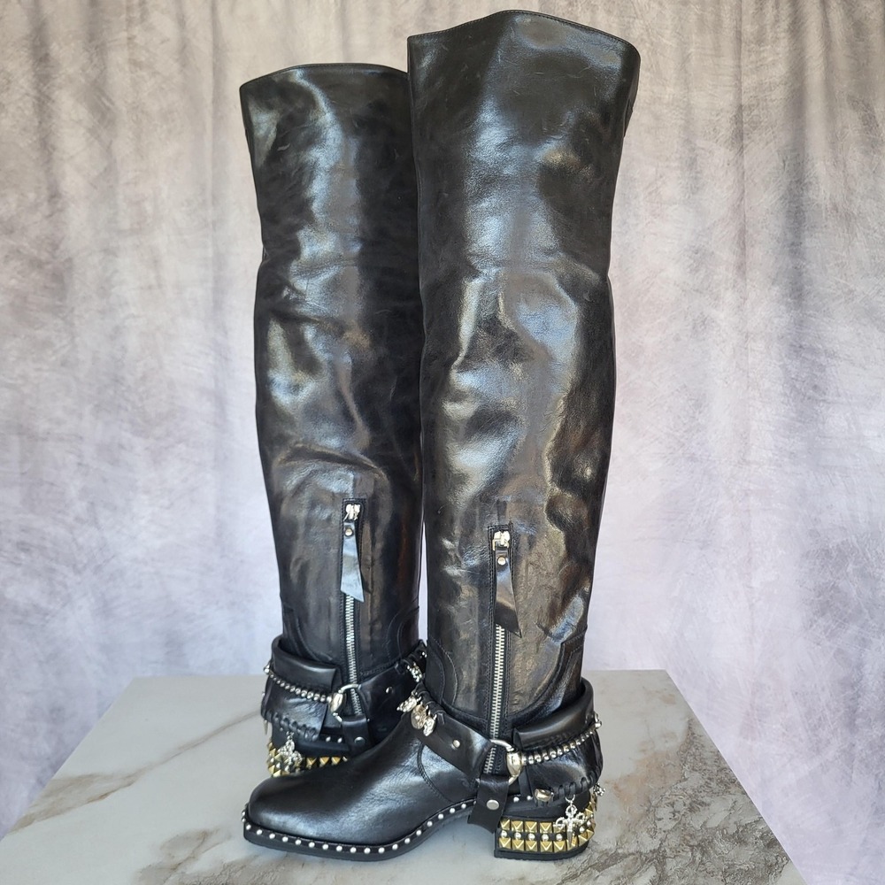 El Vaquero Tatiana Boots Womens Size 6.5 Black Leather Studded Over The Knee - Picture 8 of 16